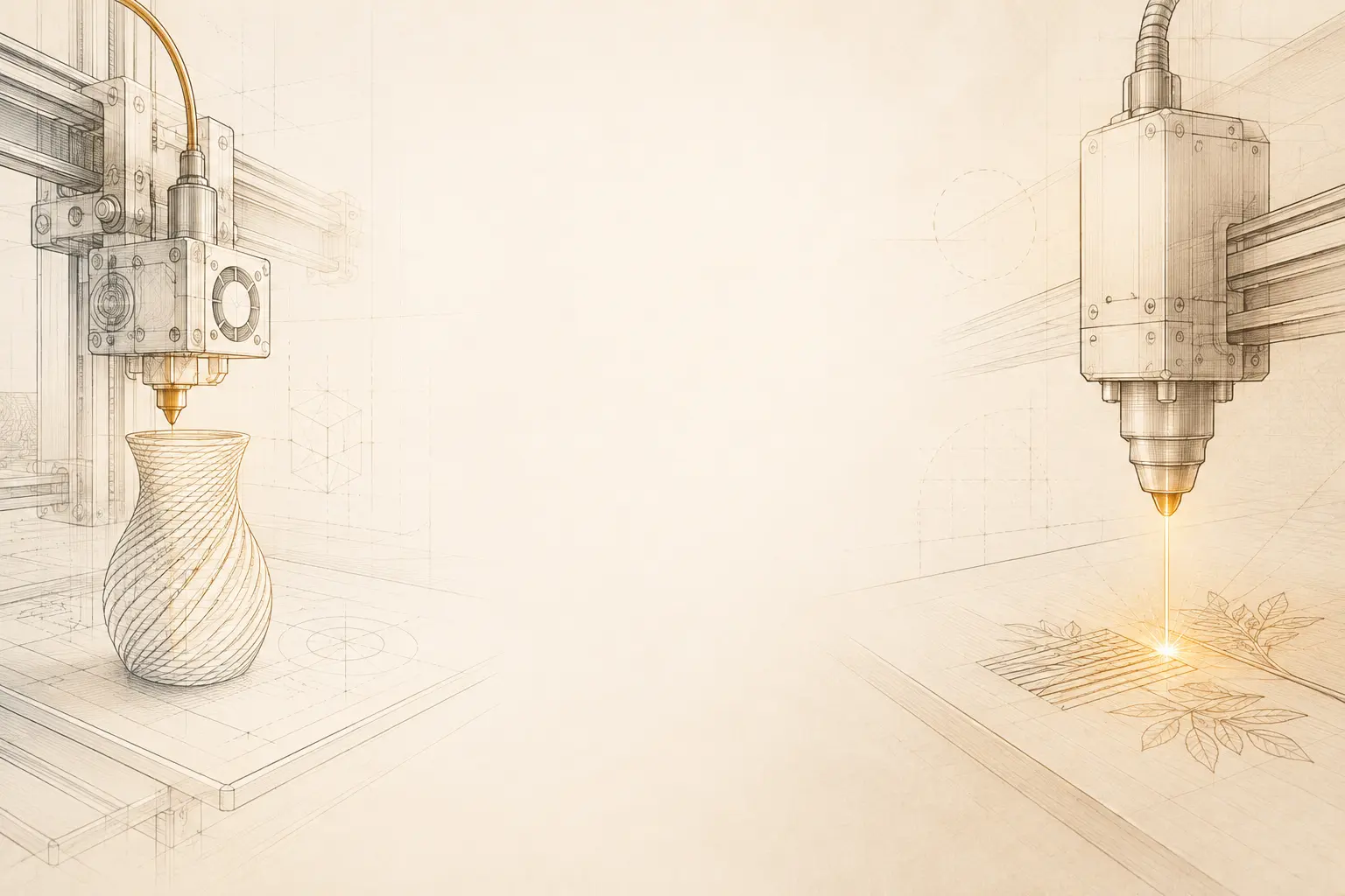 Technical illustration blending 3D printing and laser engraving