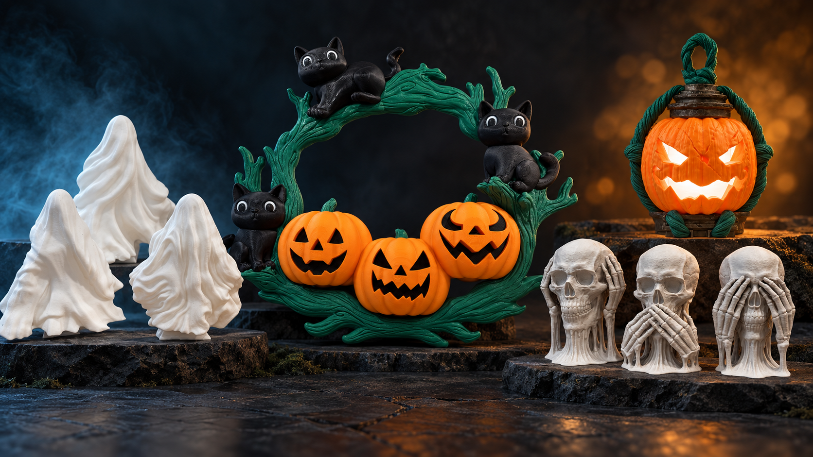DB3D Printing Halloween collection with ghosts, skulls, a wreath, and a glowing pumpkin lamp