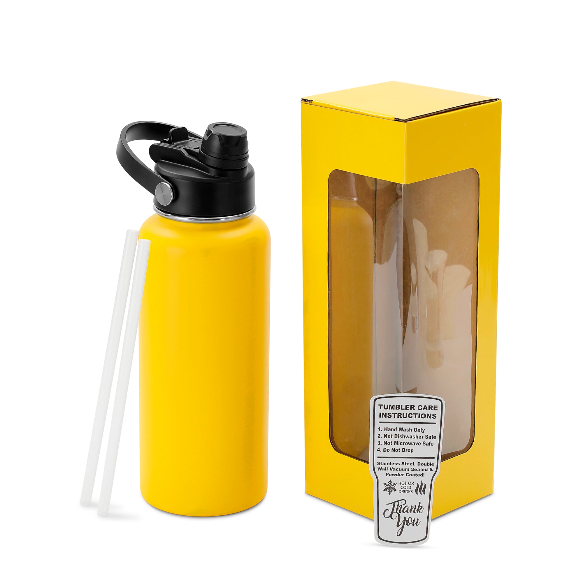 Yellow MakerFlo 32 oz tumbler with handle